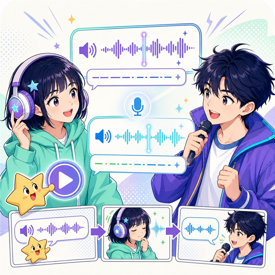 小漫专注听原声、小星进行 Echo 复述的漫画场景
