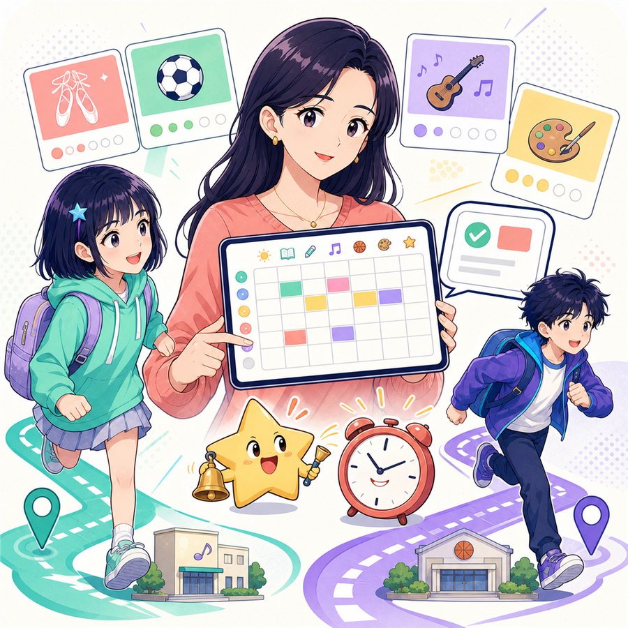 家长为小漫和小星安排不同课程并接收提醒的漫画场景