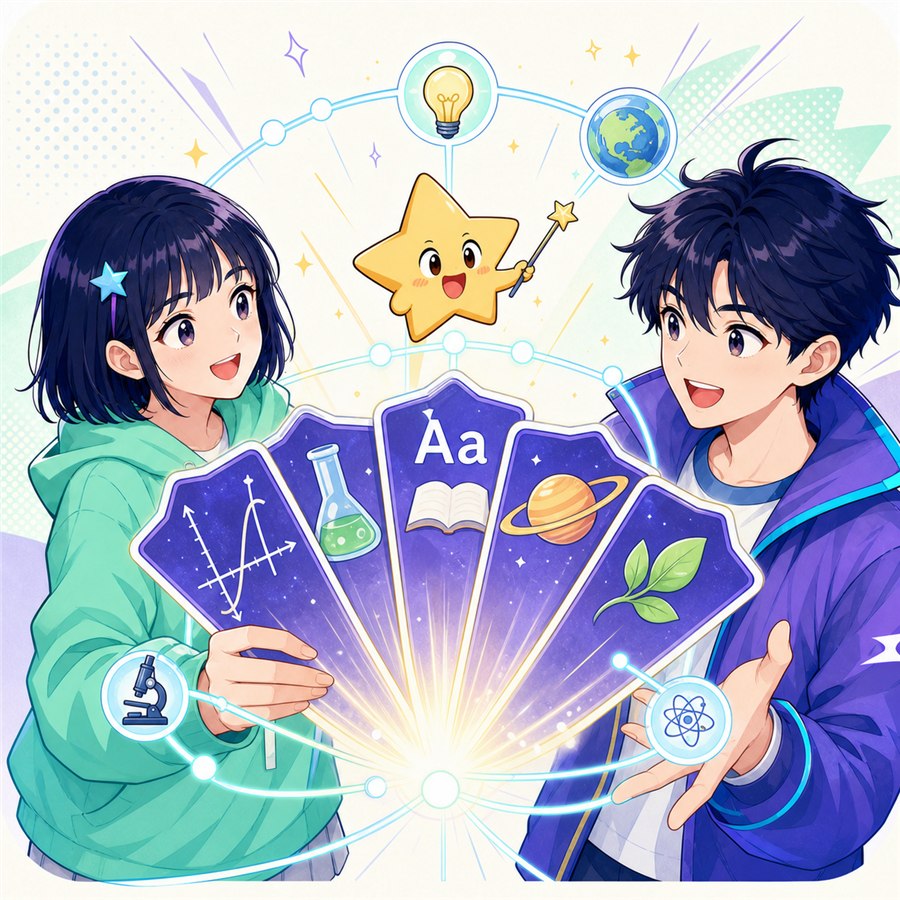 小漫和小星展开数学、科学、语言与自然星卡的漫画场景